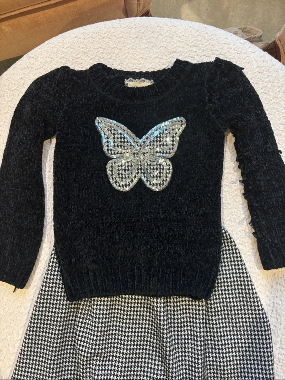 btween Black Sequin Butterfly Sweater Set with Houndstooth Skirt - Picture 2 of 9